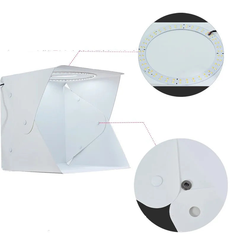 40cm foldable studio light box with LED ring light and six coloured background cloths for product photography