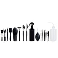 16-piece black succulent plant tools set showing scissors, tweezers, shovel, watering bottles, and gardening tools on work cushion