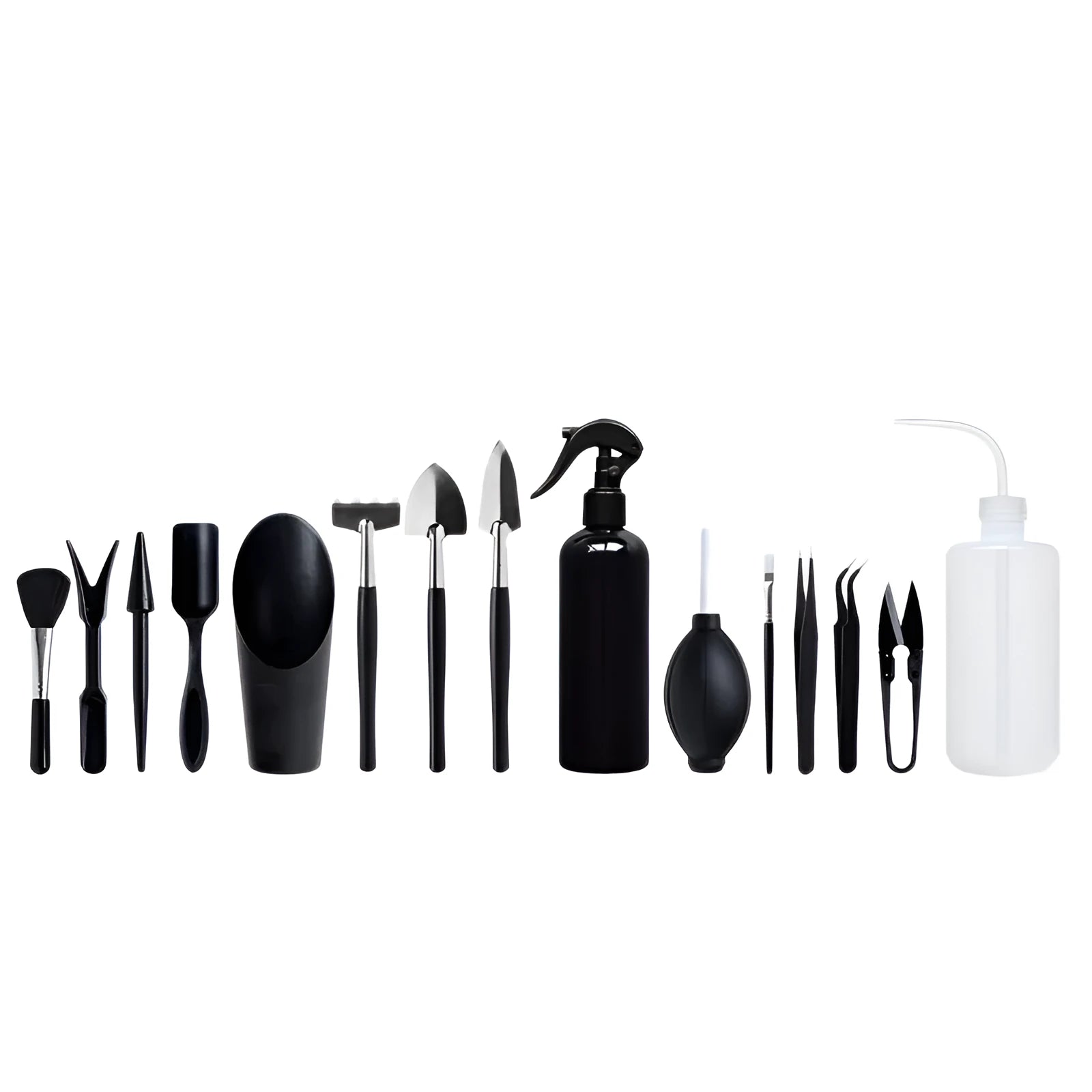 16-piece black succulent plant tools set showing scissors, tweezers, shovel, watering bottles, and gardening tools on work cushion