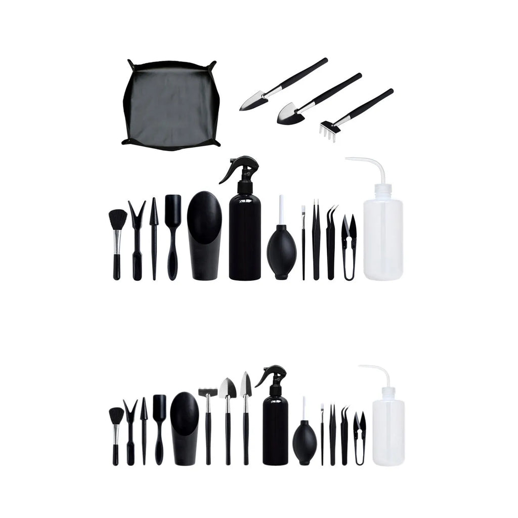 16-piece black succulent plant tools set showing scissors, tweezers, shovel, watering bottles, and gardening tools on work cushion
