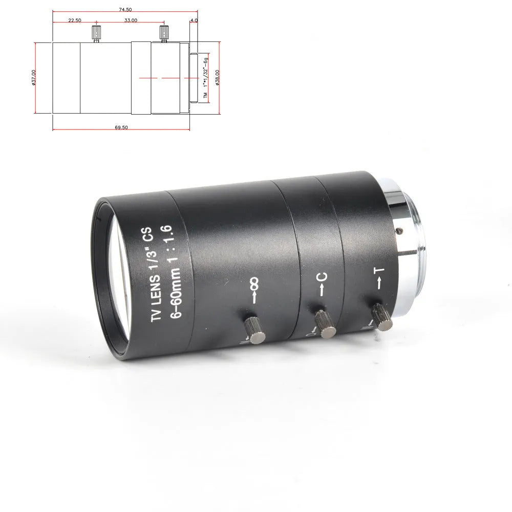 Black 6-60mm manual aperture CCTV camera lens with CS mount for security systems