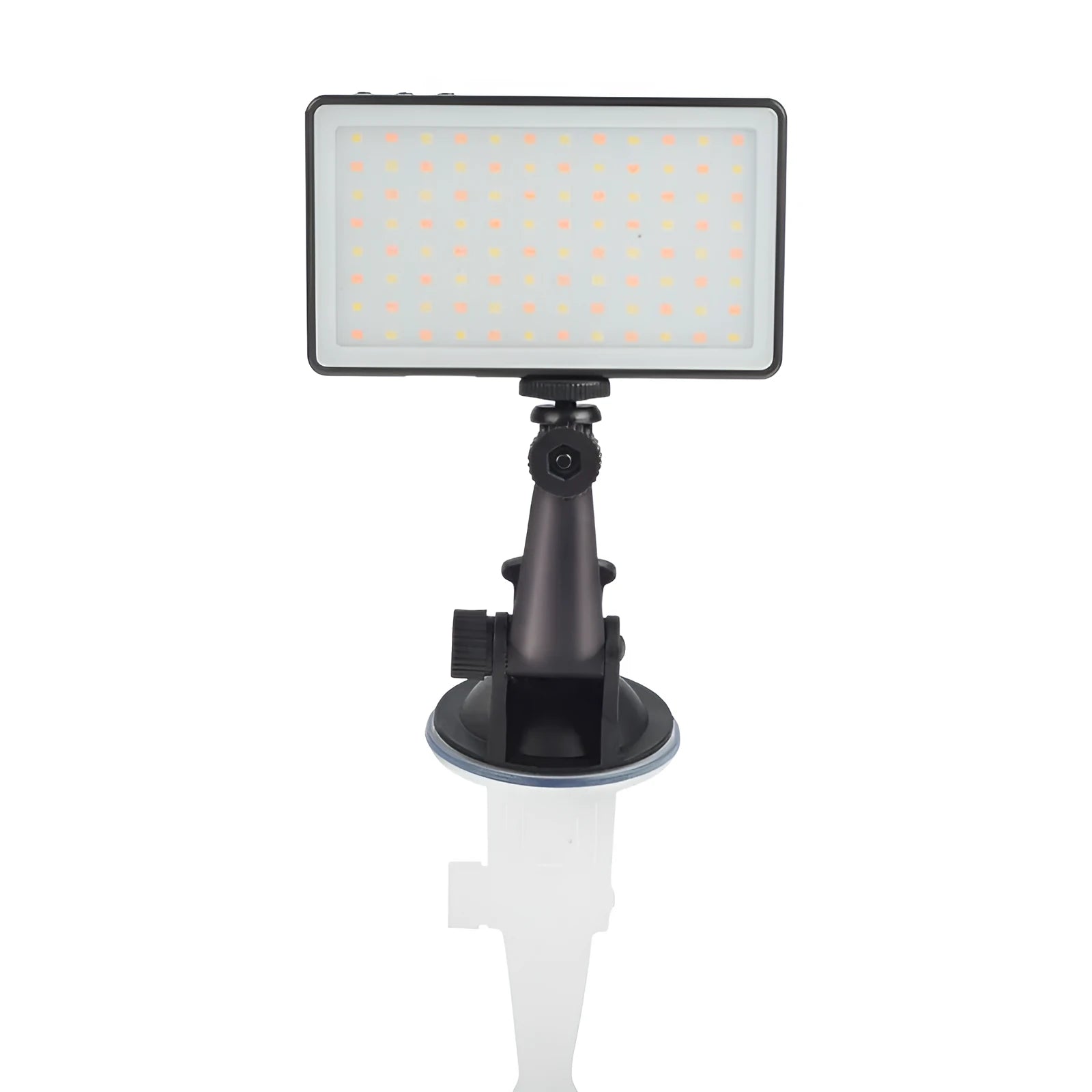 Black aluminium USB LED conference light with screen, shown next to a laptop for video calls.