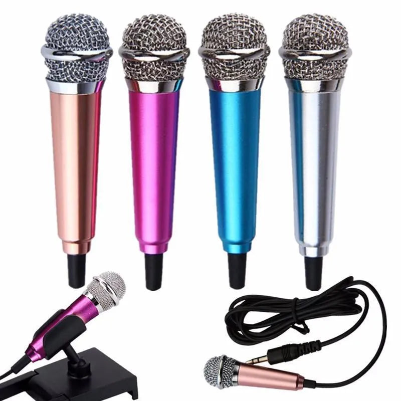 T3 mini condenser karaoke microphone with 3.5mm plug for Android phones, shown in blue, gold, red, and silver colour options.