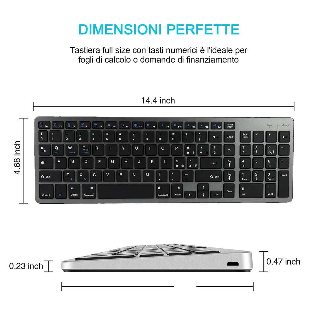 Ultra-thin white rechargeable Bluetooth keyboard for tablets and phones showing full 104-key layout