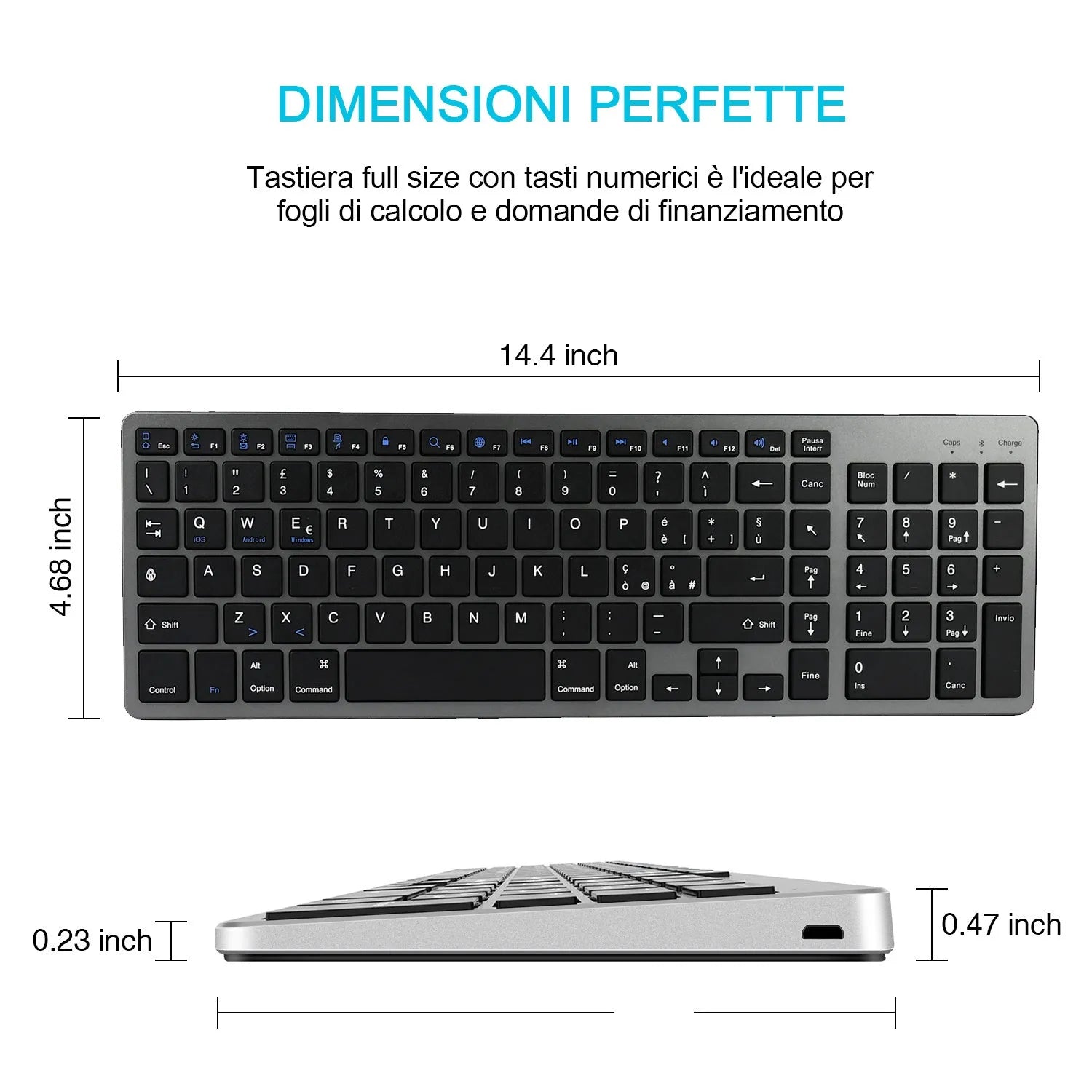 Ultra-thin white rechargeable Bluetooth keyboard for tablets and phones showing full 104-key layout