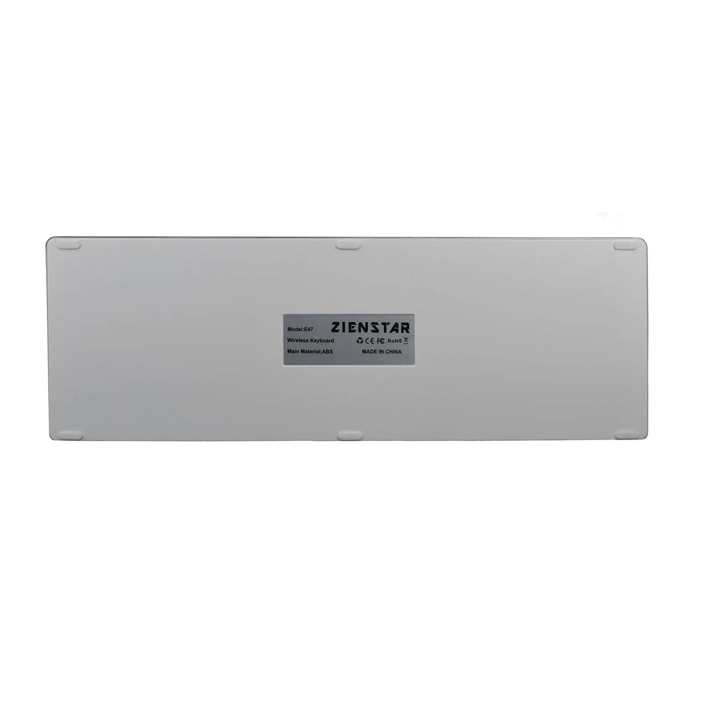 Ultra-thin white rechargeable Bluetooth keyboard for tablets and phones showing full 104-key layout