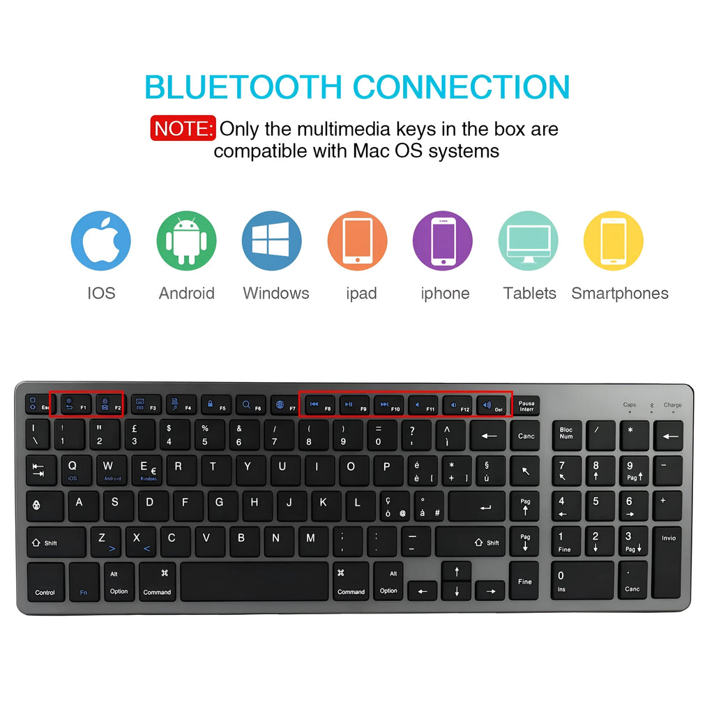 Ultra-thin white rechargeable Bluetooth keyboard for tablets and phones showing full 104-key layout