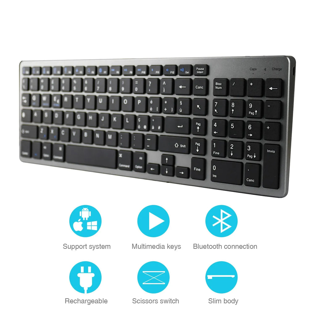Ultra-thin white rechargeable Bluetooth keyboard for tablets and phones showing full 104-key layout
