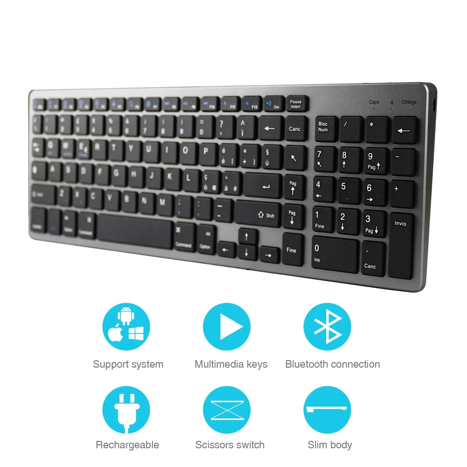 Ultra-thin white rechargeable Bluetooth keyboard for tablets and phones showing full 104-key layout