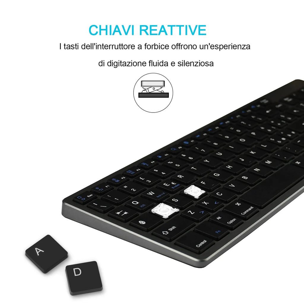 Ultra-thin white rechargeable Bluetooth keyboard for tablets and phones showing full 104-key layout
