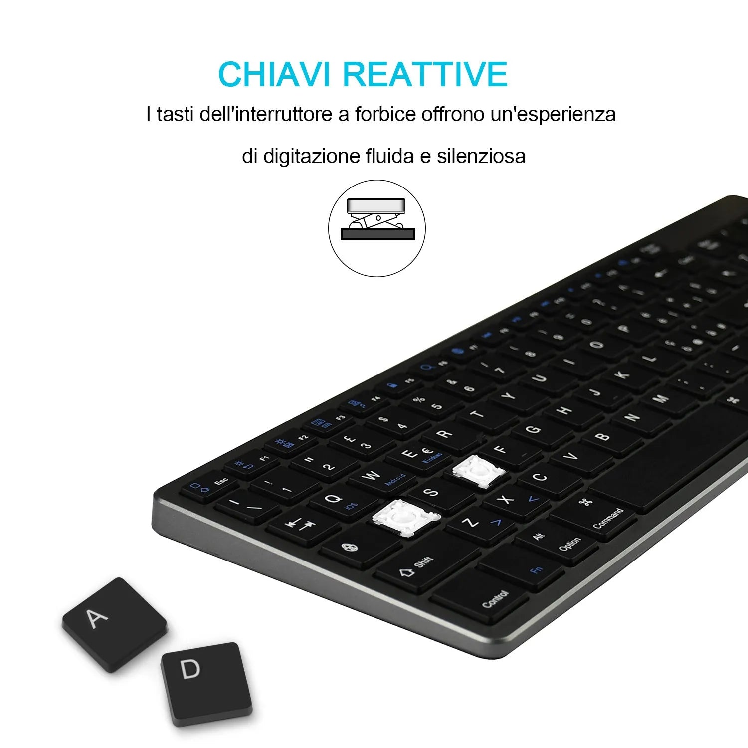 Ultra-thin white rechargeable Bluetooth keyboard for tablets and phones showing full 104-key layout
