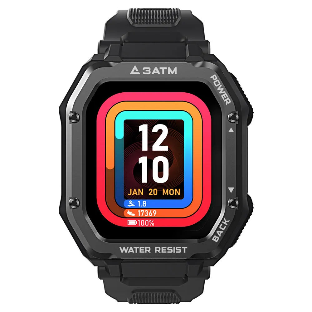 Rugged smart watch with 1.69 inch screen showing sports metrics on black silicone wristband