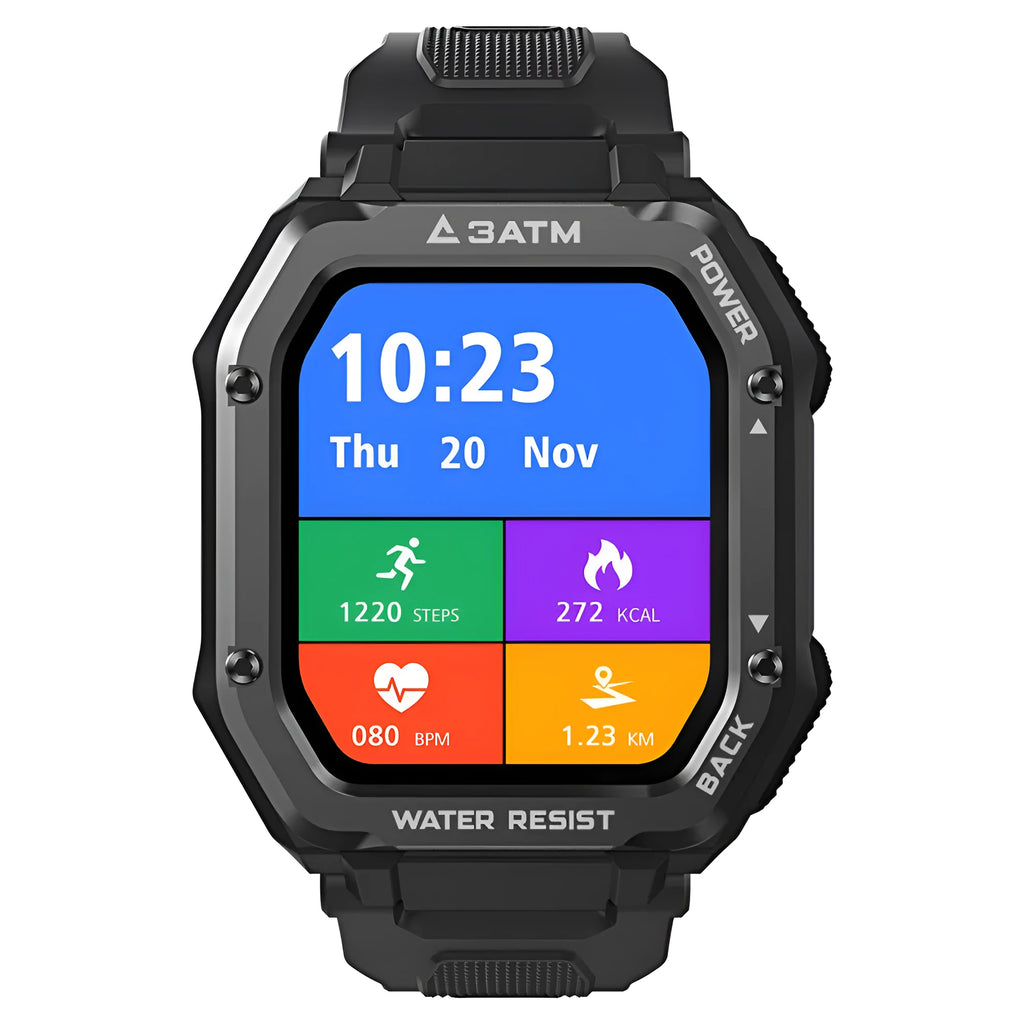 Rugged smart watch with 1.69 inch screen showing sports metrics on black silicone wristband