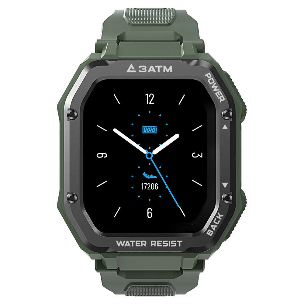 Rugged smart watch with 1.69 inch screen showing sports metrics on black silicone wristband