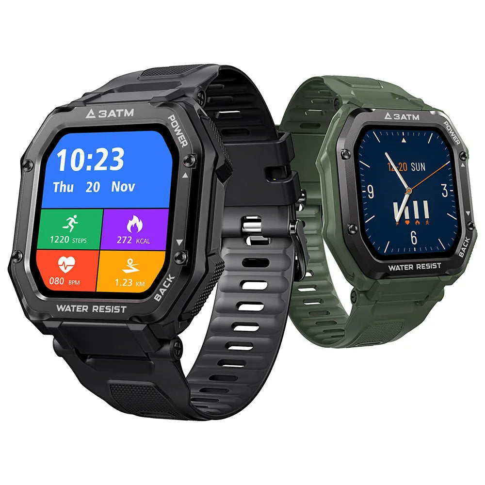 Rugged smart watch with 1.69 inch screen showing sports metrics on black silicone wristband
