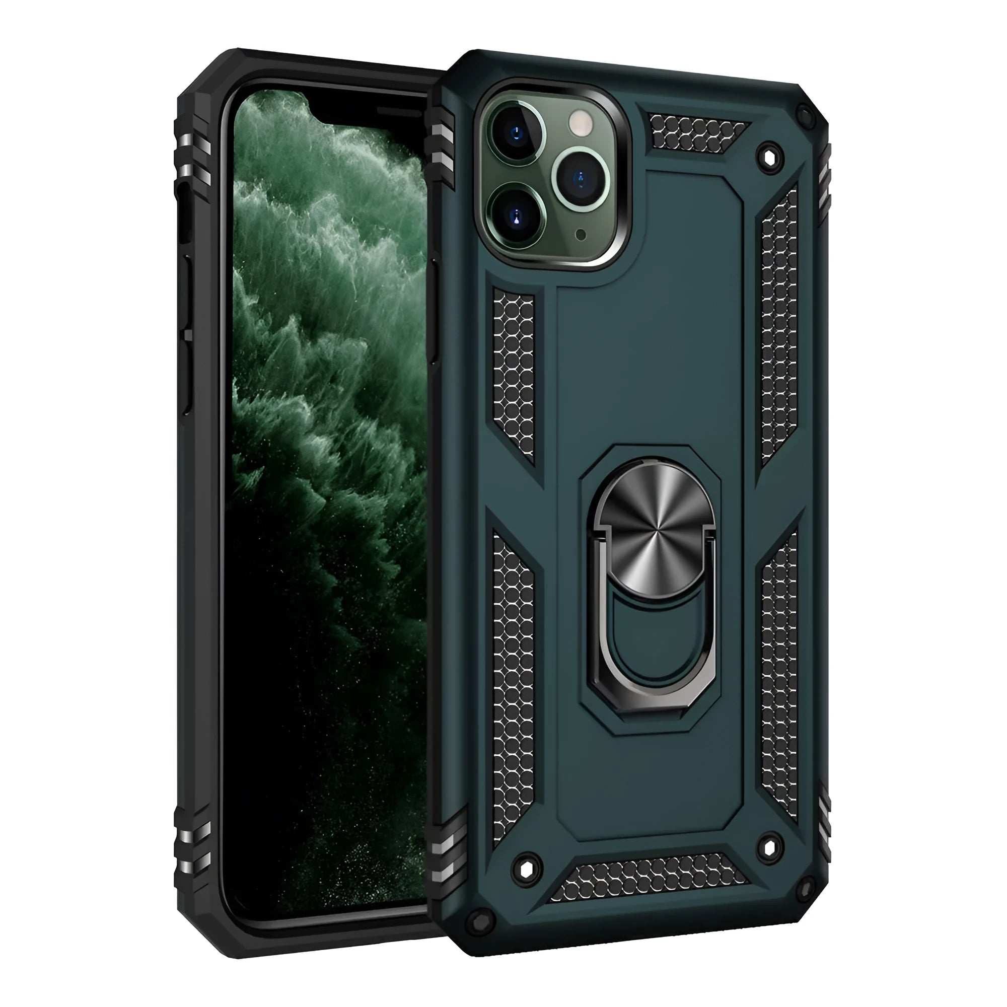 Dark green TPU and PC back cover case for Apple iPhone on a table.