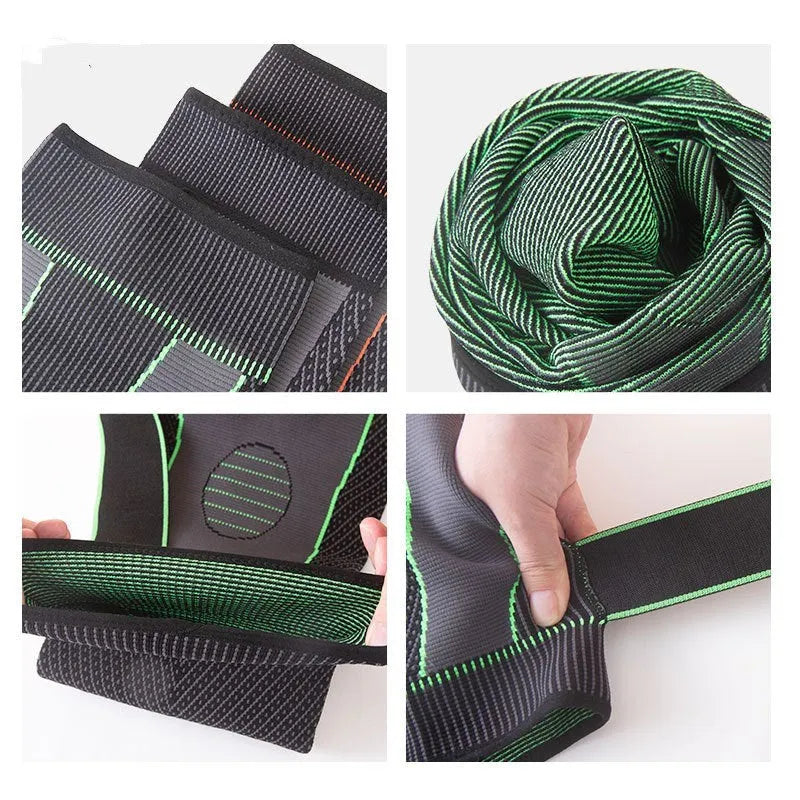 Green long straps knee pads with non-slip leggings for sports protection on a white background