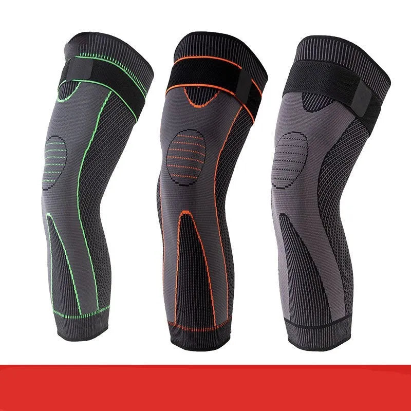 Green long straps knee pads with non-slip leggings for sports protection on a white background