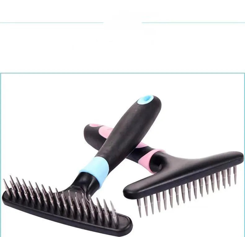Blue pet hair removal comb with stainless steel needles for grooming dogs and cats