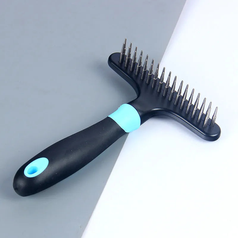 Blue pet hair removal comb with stainless steel needles for grooming dogs and cats