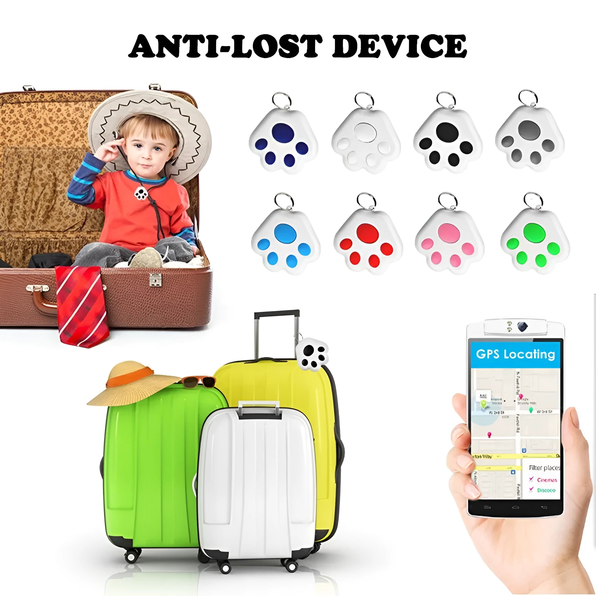 Dog paw shaped Bluetooth anti-lost device with tracking and selfie functions in multiple colours