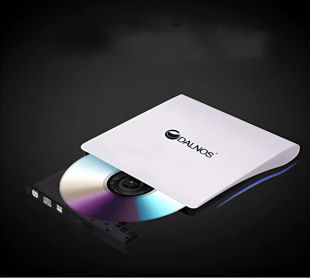 External DVD burner drive in black with tray open, USB 3.0 interface, compact size for notebook use