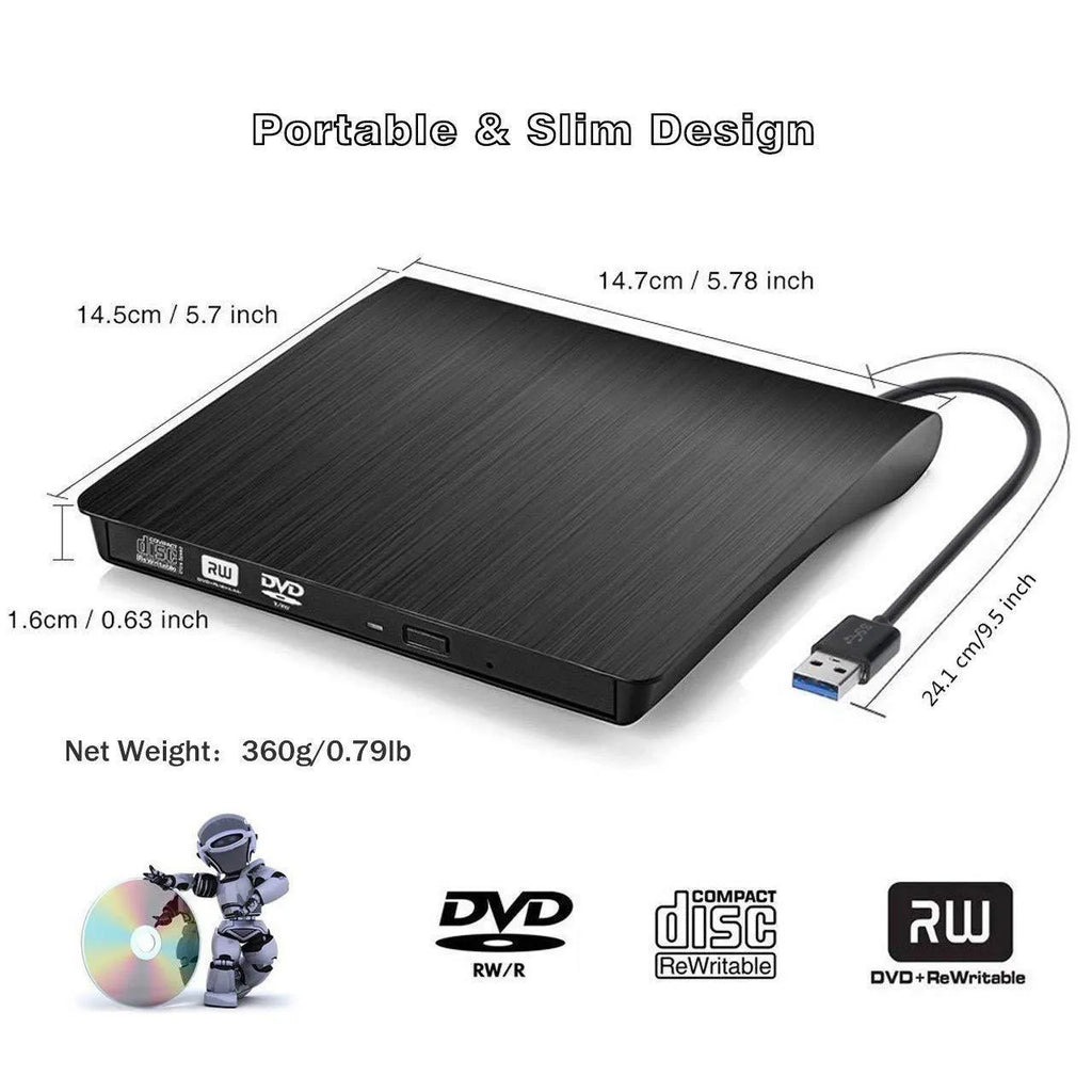 External DVD burner drive in black with tray open, USB 3.0 interface, compact size for notebook use