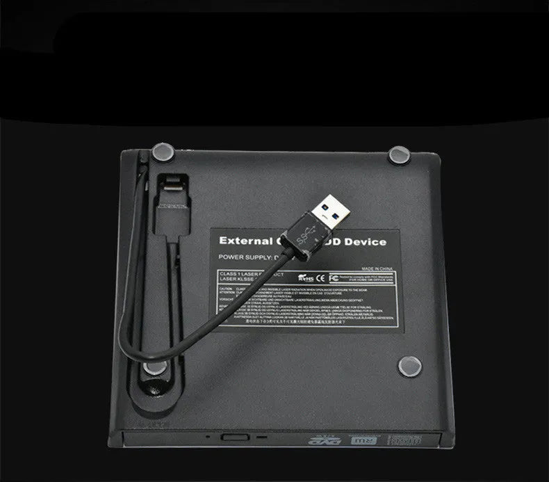 External DVD burner drive in black with tray open, USB 3.0 interface, compact size for notebook use