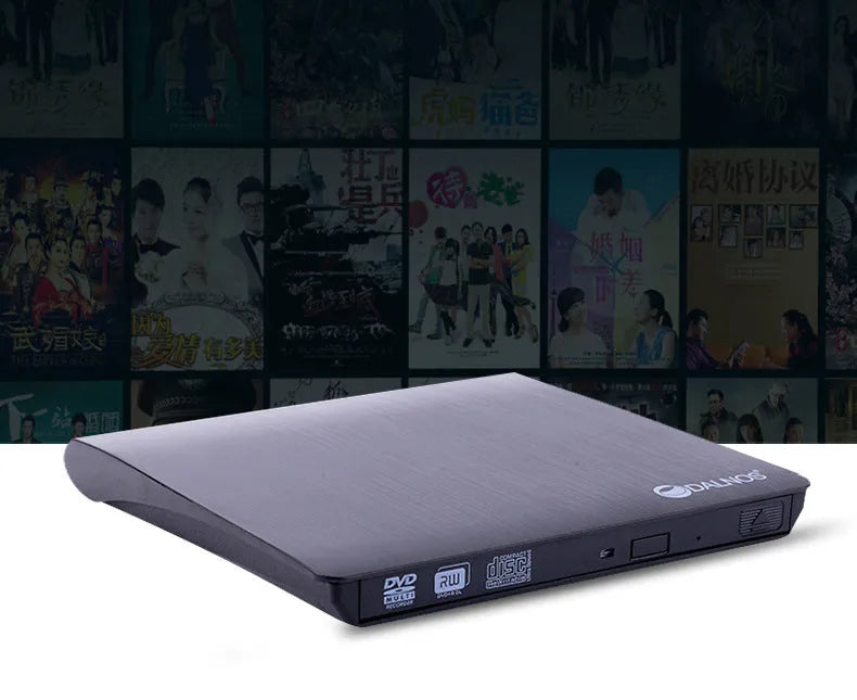 External DVD burner drive in black with tray open, USB 3.0 interface, compact size for notebook use