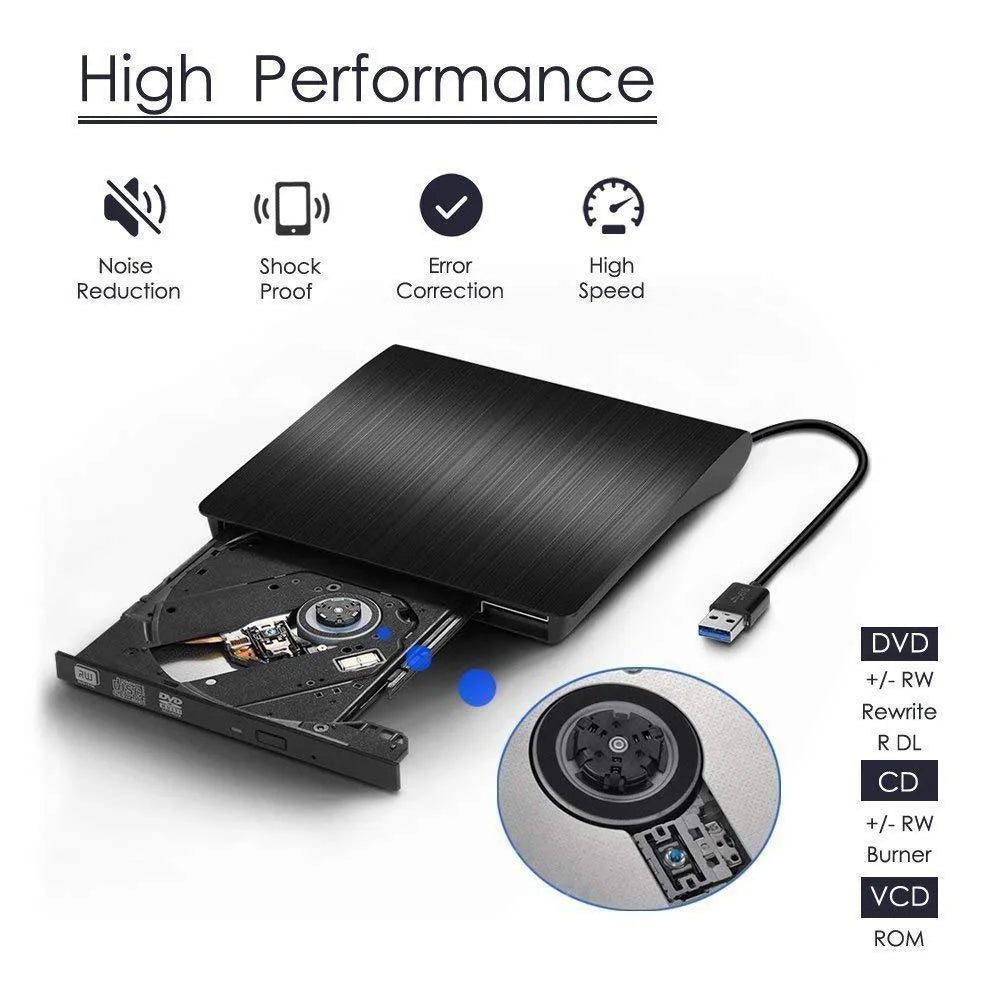 External DVD burner drive in black with tray open, USB 3.0 interface, compact size for notebook use