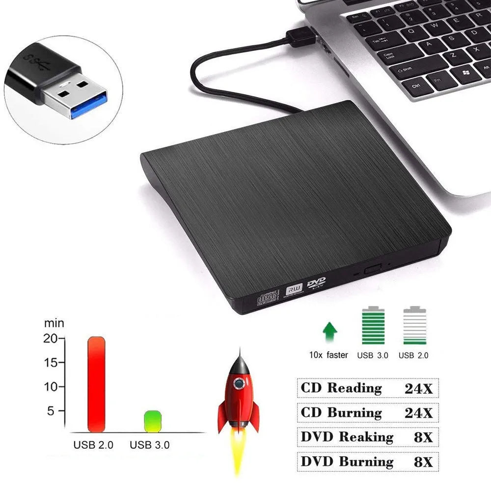 External DVD burner drive in black with tray open, USB 3.0 interface, compact size for notebook use