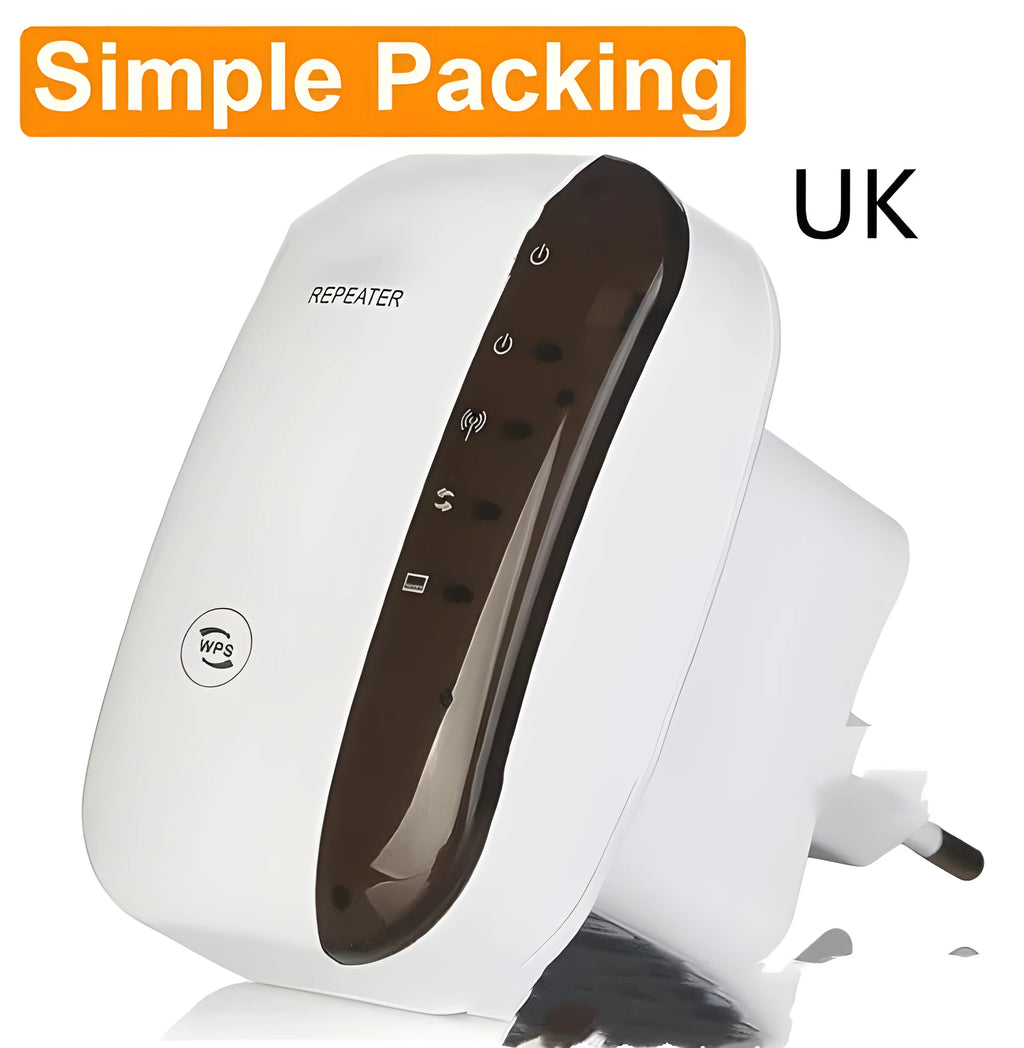 Compact black or white WiFi repeater with multi-region plug options and a network cable.