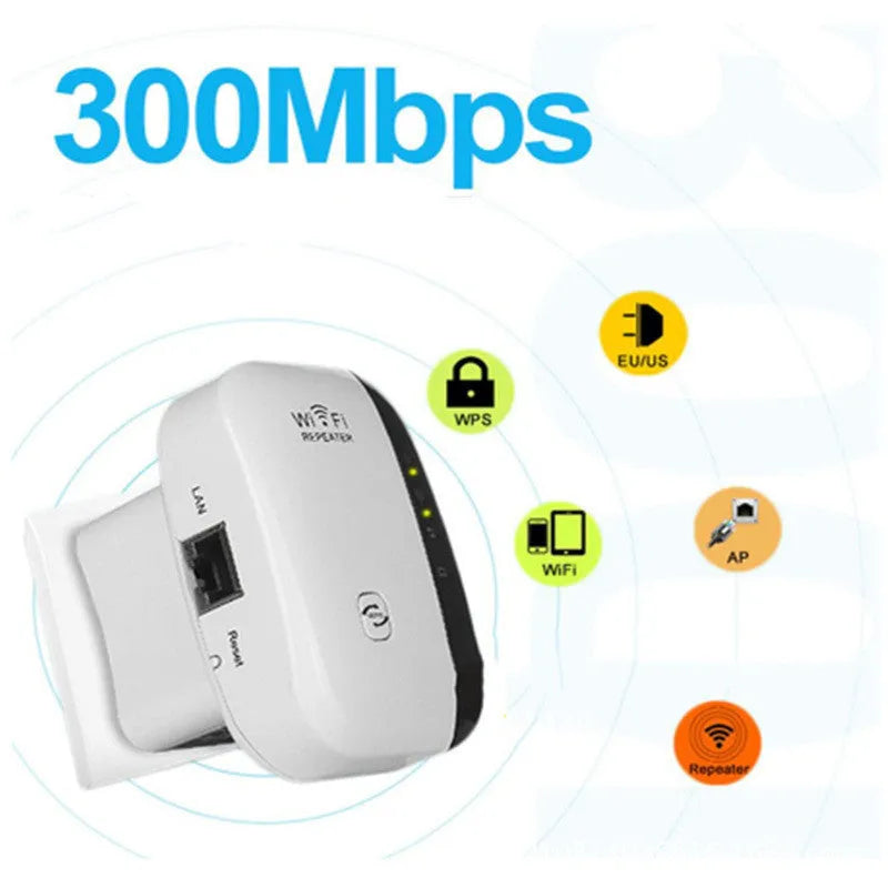 Compact black or white WiFi repeater with multi-region plug options and a network cable.