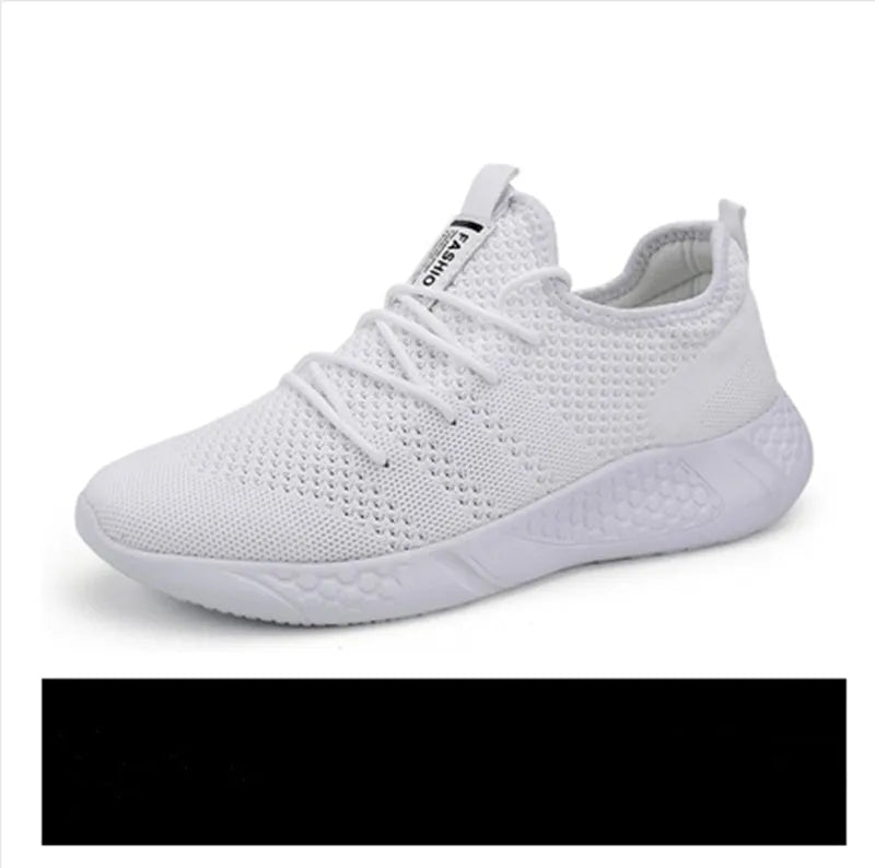 Men's black and white breathable mesh sneakers with lace-up closure and PVC sole
