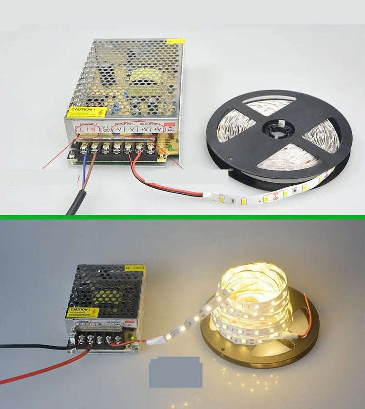 Close-up of flexible 2835 and 5050 SMD LED light strips showing dense and standard LED spacing.