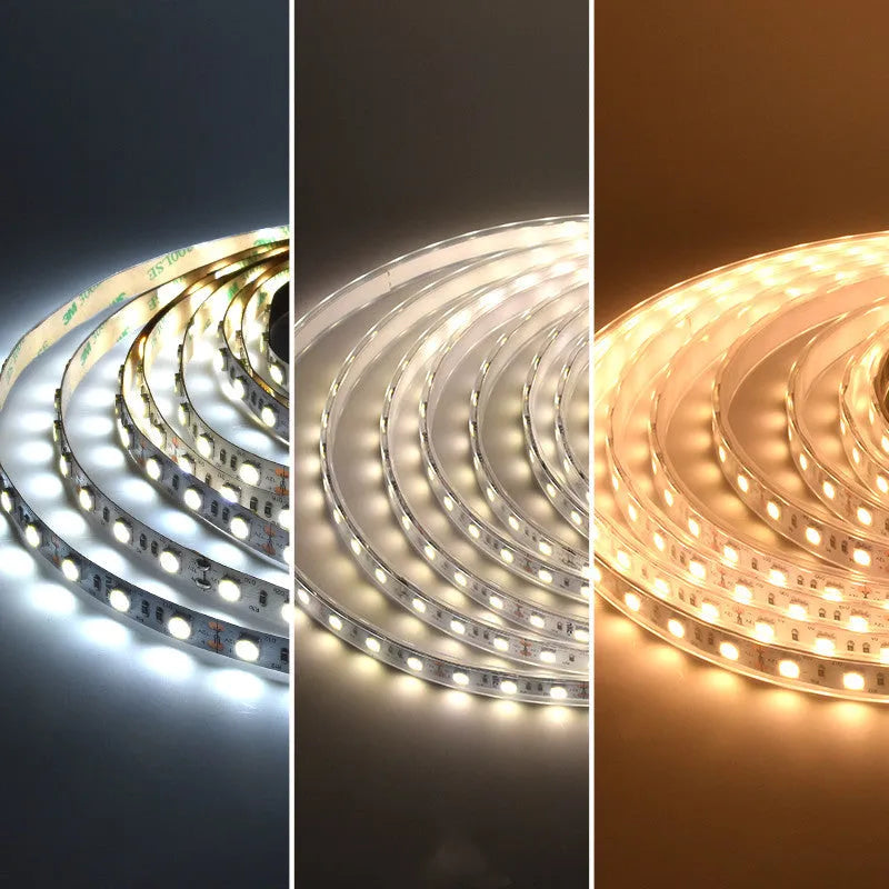 Close-up of flexible 2835 and 5050 SMD LED light strips showing dense and standard LED spacing.