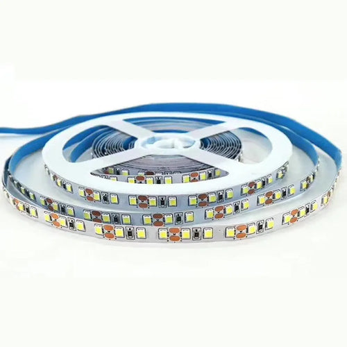 Close-up of flexible 2835 and 5050 SMD LED light strips showing dense and standard LED spacing.