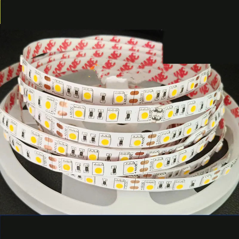 Close-up of flexible 2835 and 5050 SMD LED light strips showing dense and standard LED spacing.