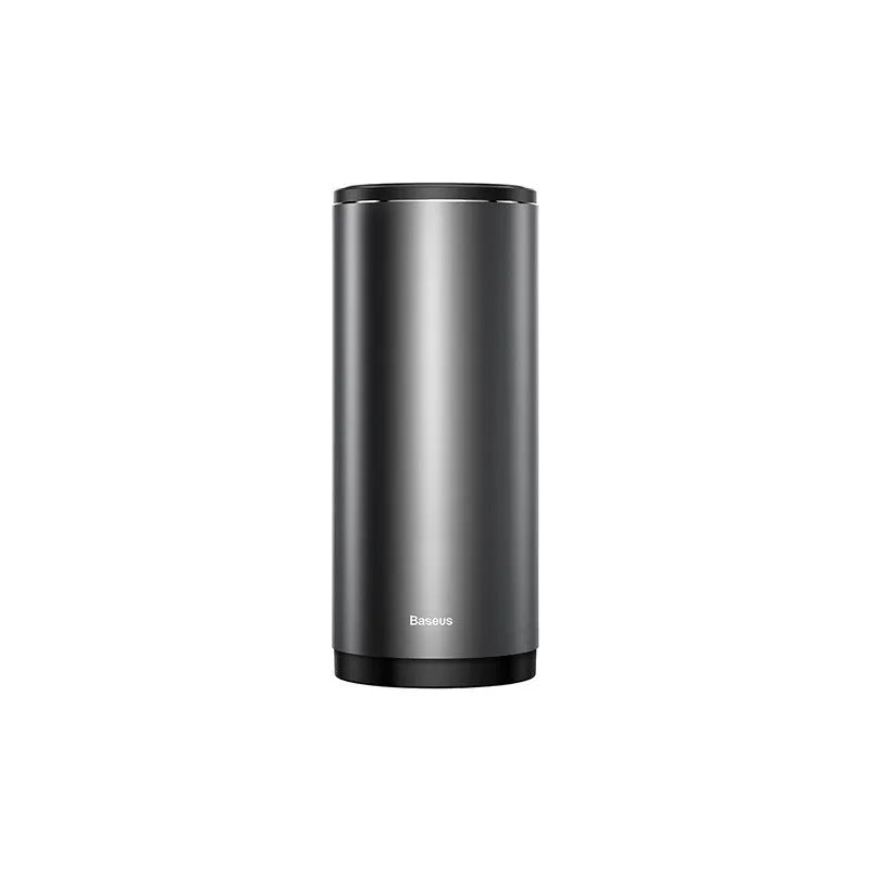Alloy car trash bin in black with click-open lid placed in cup holder