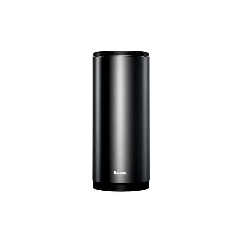 Alloy car trash bin in black with click-open lid placed in cup holder