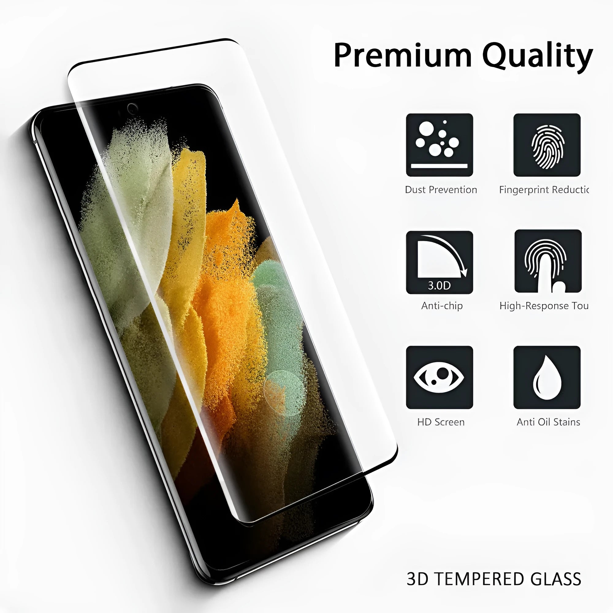 Samsung Galaxy S21 Ultra 5G phone with transparent tempered glass screen protector showing 3D curved edges.