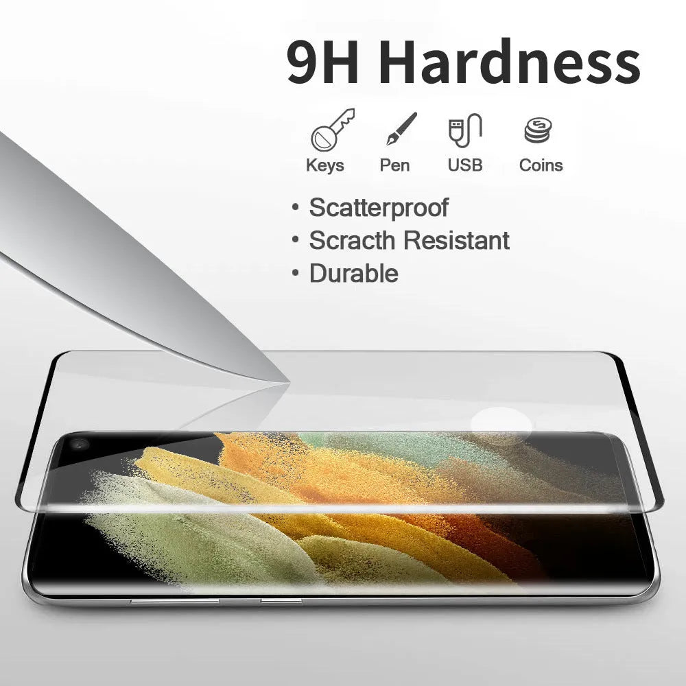 Samsung Galaxy S21 Ultra 5G phone with transparent tempered glass screen protector showing 3D curved edges.