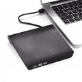 External DVD burner drive in black with tray open, USB 3.0 interface, compact size for notebook use