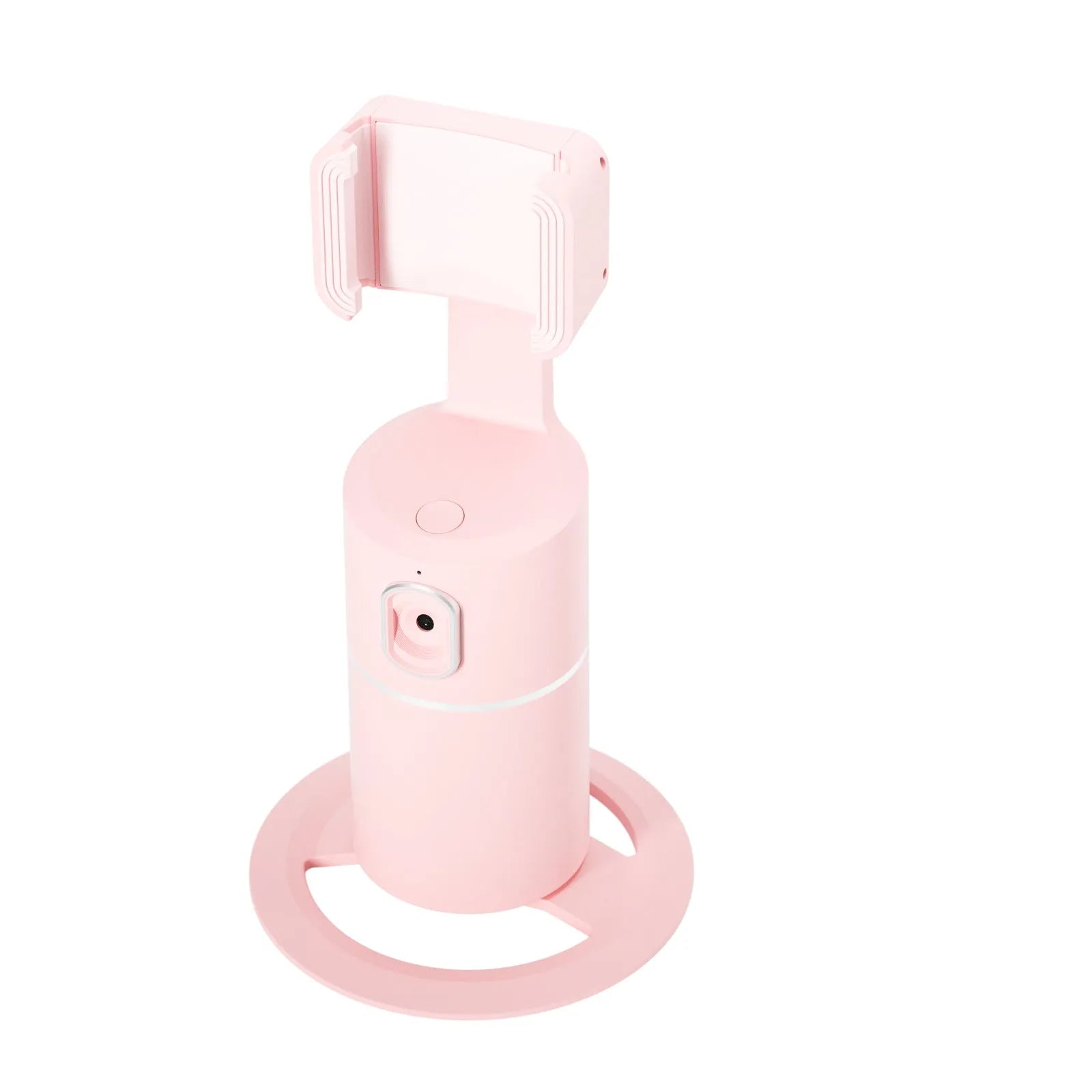 Black smartphone tracking gimbal stabiliser showing 360-degree rotation and clip mount.