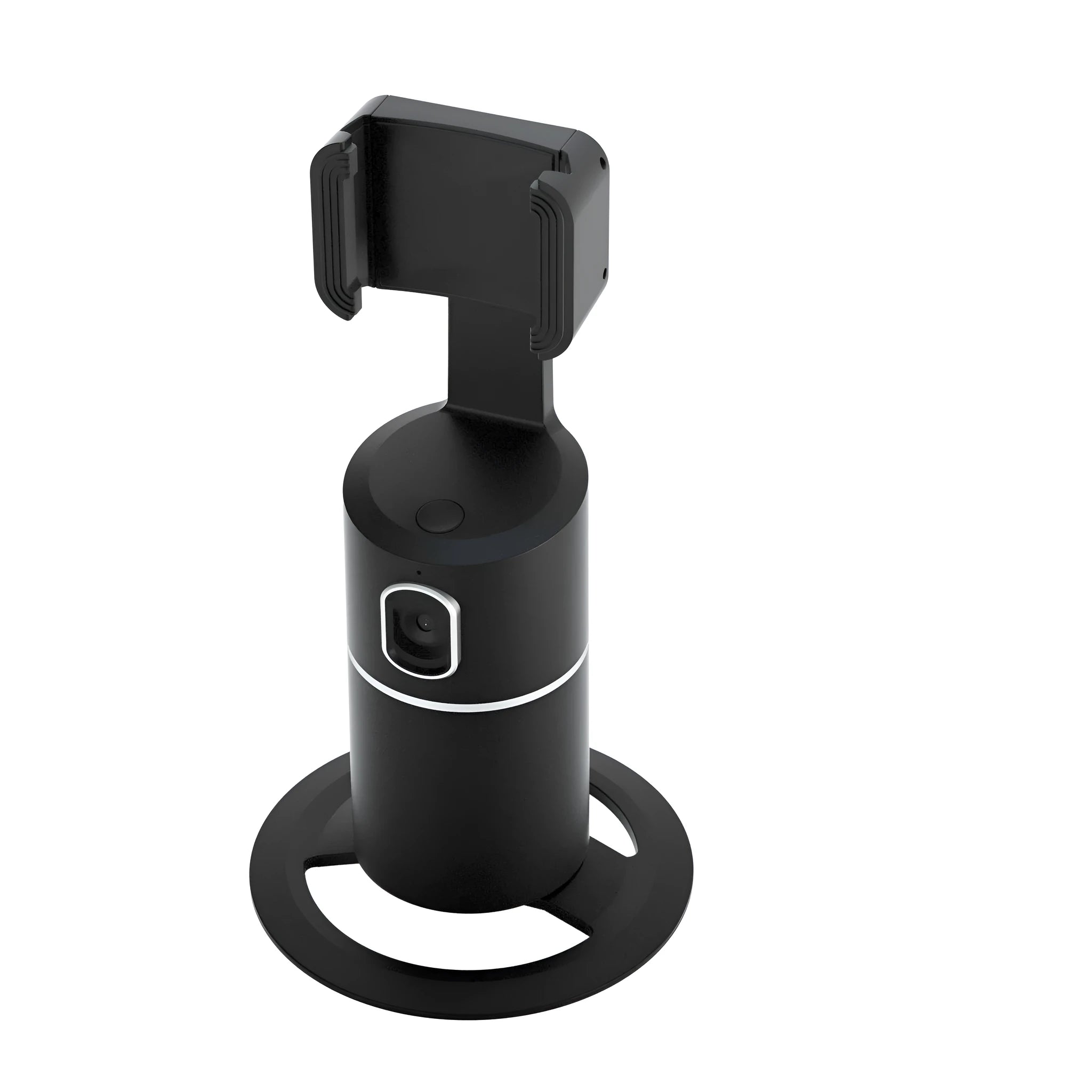 Black smartphone tracking gimbal stabiliser showing 360-degree rotation and clip mount.