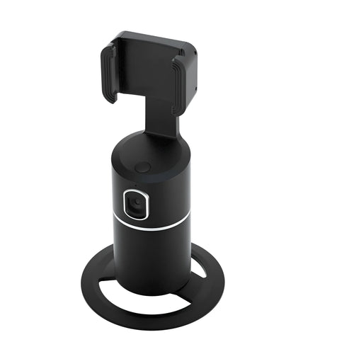Black smartphone tracking gimbal stabiliser showing 360-degree rotation and clip mount.