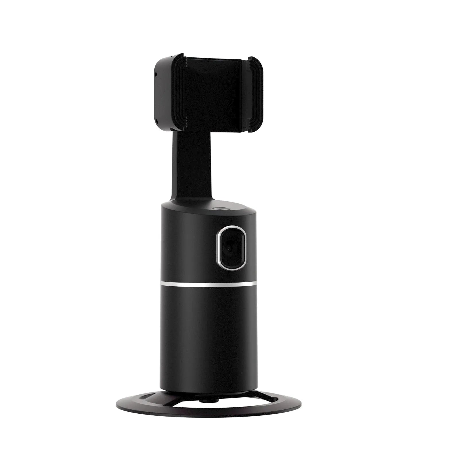 Black smartphone tracking gimbal stabiliser showing 360-degree rotation and clip mount.