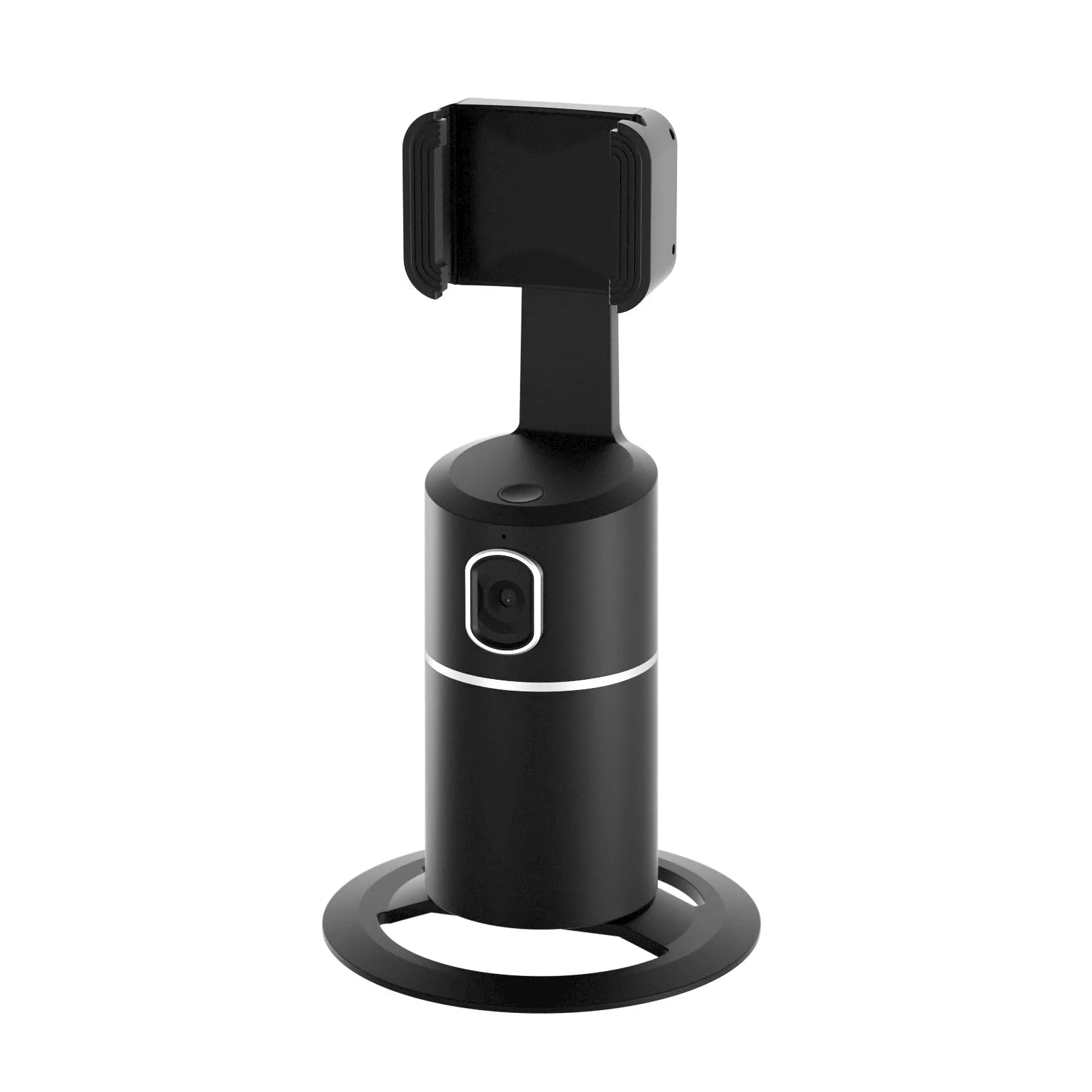 Black smartphone tracking gimbal stabiliser showing 360-degree rotation and clip mount.