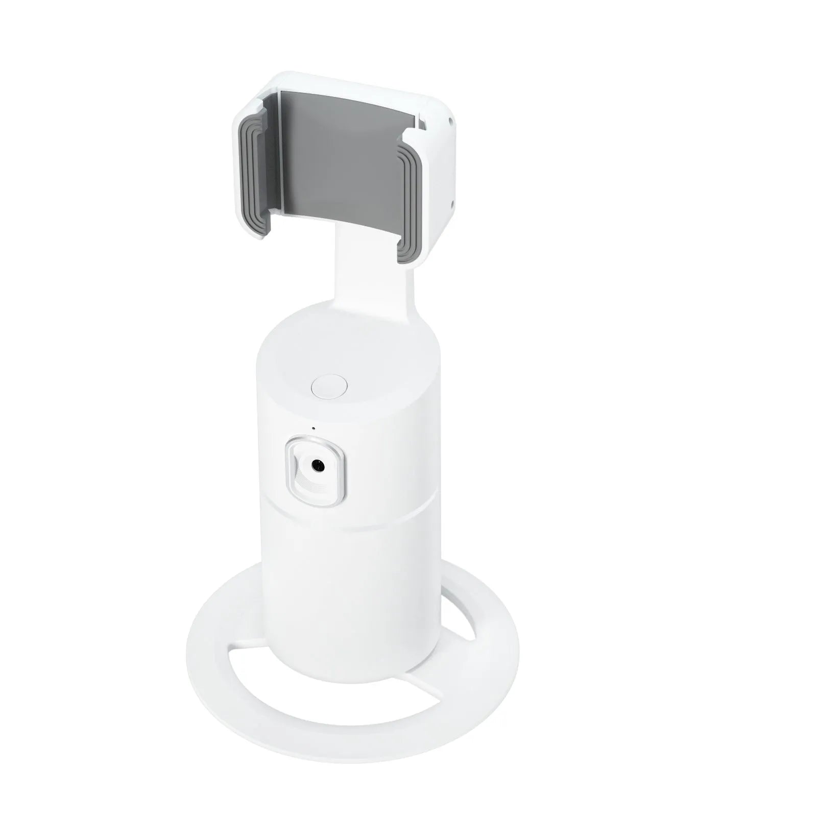 Black smartphone tracking gimbal stabiliser showing 360-degree rotation and clip mount.