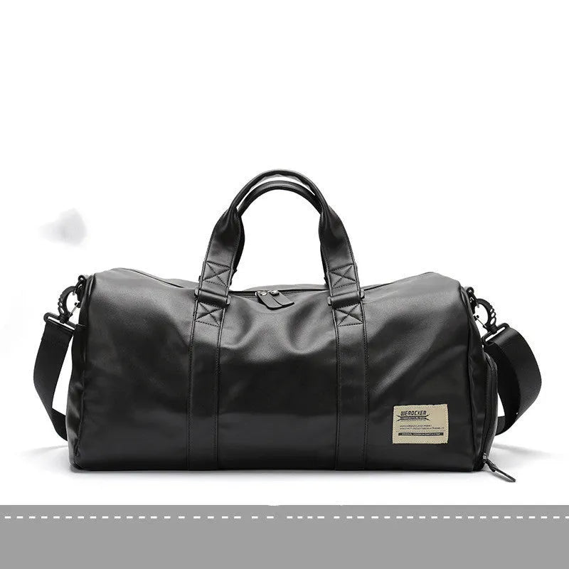 Black waterproof PU leather large capacity sports training bag showing internal computer and camera pockets